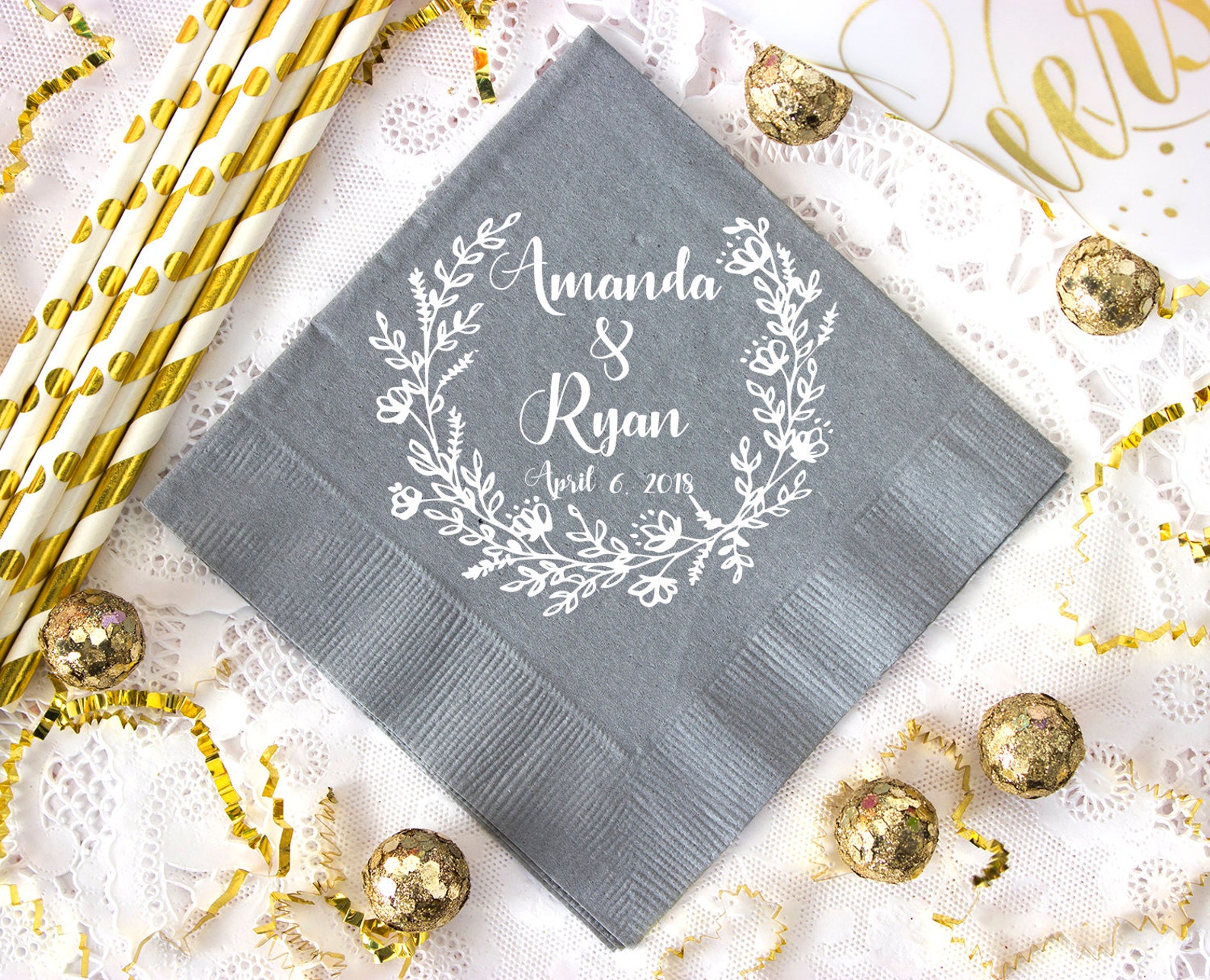 Wreath Wedding Napkins Paper Wedding Napkins Personalized Etsy