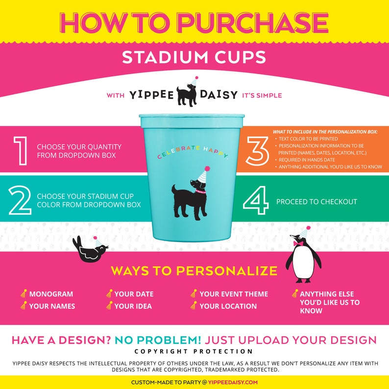 Puede incluir: C&oacute;mo comprar vasos de estadio con Yippee Daisy. Un gr&aacute;fico muestra un vaso de estadio turquesa con un perro negro que lleva un gorro de fiesta. El gr&aacute;fico incluye instrucciones para elegir la cantidad, el color y las opciones de personalizaci&oacute;n. El texto "Celebrate Happy" est&aacute; impreso en el vaso. El gr&aacute;fico tambi&eacute;n incluye un aviso de copyright.