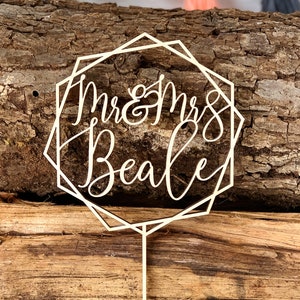Wedding Cake Topper, Calligraphy Cake Topper, Mr and Mrs Cake Topper, Hexagon Cake Topper, Rustic Wedding Cake Topper, Last Name Cake Topper