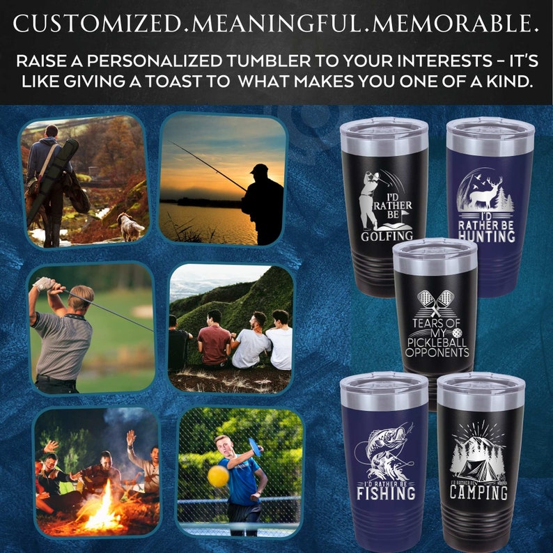 K&ouml;nnte beinhalten: Sechs verschiedene Edelstahlbecher mit verschiedenen Designs. Die Becher zeigen eine Vielzahl von Hobbys und Interessen, darunter Angeln, Camping, Golfen, Jagen und Pickleball. Jeder Becher hat einen schwarzen Deckel und einen silbernen Boden.