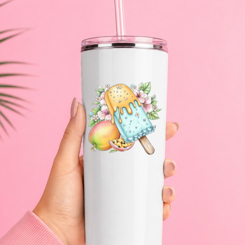 Pegatina UV DTF para paleta helada de mango, dulce tropical congelado, pegatina para taza, pegatina para vaso, pegatina para computadora portátil, regalo de playa imagen 7
