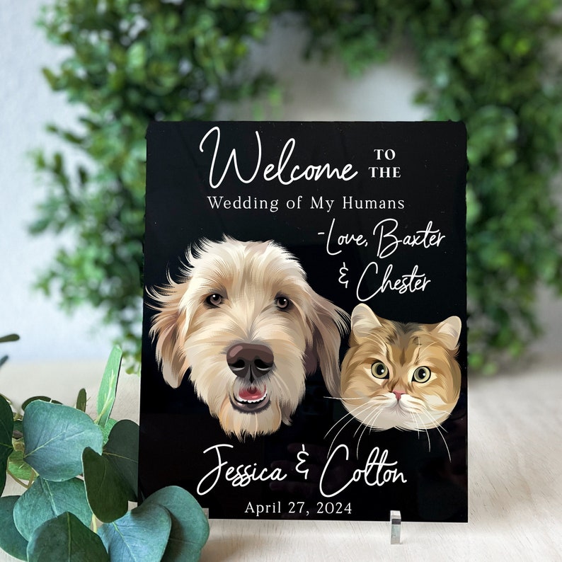 Pet Wedding Welcome Sign Dog Custom Wedding Decor Frosted Acrylic Wedding Sign Welcome Sign with Pets Personalized Wedding Signage Decor image 3