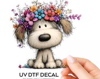 Calcomanía UV DTF de perro con corona de flores, acuarela, cachorro, pegatina transparente, transferencia de perro para taza, vaso, tarro, flor, perro, calcomanía transparente