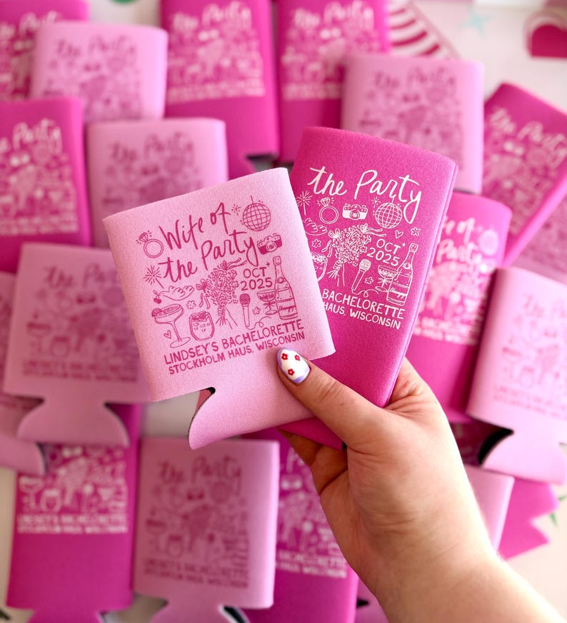 Wife of the Party Bachelorette Favors - Custom Can Coolers for Bridal Party - Bachelorette Decorations - Personalized Can Sleeve - Bach Gift Standard - Bubblegum