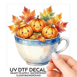 Pumpkins in Teacup  UV DTF Sticker Autumn Fall Decal For Tumblers Cups Glass Water Bottle Laptop Clear Background Choose Size