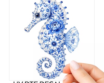 Blue Chinoiserie Seahorse UV DTF Decal Coastal Ocean Sticker For Tumblers Cups Glass Laptop Car Window Choose Size Car Window Transparent