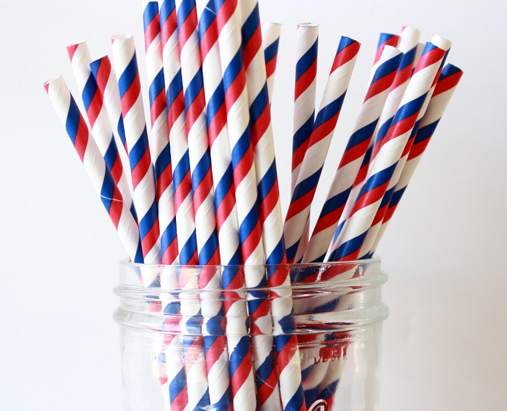 Red White & Blue Party Straws Patriotic Paper Stripe Straws Etsy