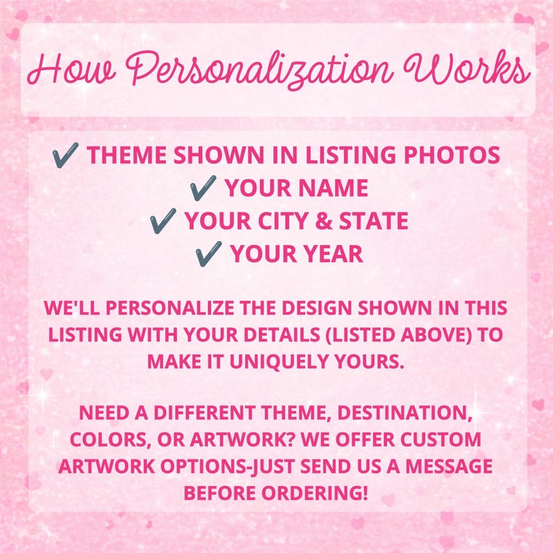 May include: A light pink informational graphic with white text that reads: How Personalization Works. It lists requirements including your name, city, state, and year, and explains that the design will be customized with these specific details.