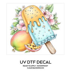 Pegatina UV DTF para paleta helada de mango, dulce tropical congelado, pegatina para taza, pegatina para vaso, pegatina para computadora portátil, regalo de playa imagen 1