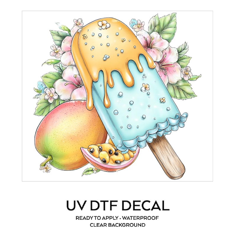 Pegatina UV DTF para paleta helada de mango, dulce tropical congelado, pegatina para taza, pegatina para vaso, pegatina para computadora portátil, regalo de playa imagen 1