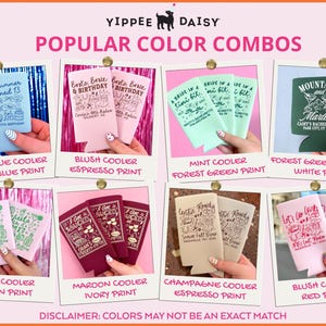 May include: A collection of eight foam can coolers in various colors including light blue, blush, mint, forest green, maroon, and champagne. Each cooler features custom graphic prints in contrasting ink colors, displaying text and illustrations.