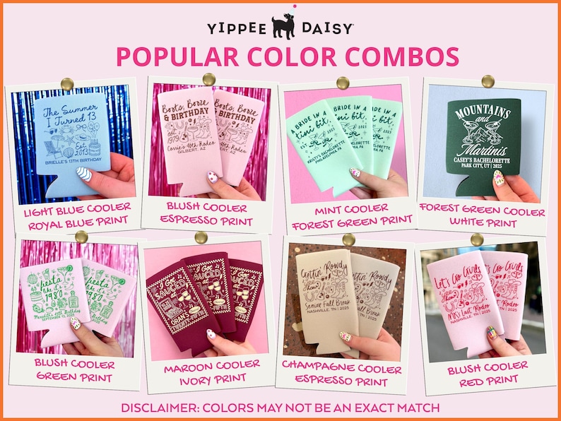 May include: A collection of eight foam can coolers in various colors including light blue, blush, mint, forest green, maroon, and champagne. Each cooler features custom graphic prints in contrasting ink colors, displaying text and illustrations.