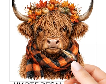 Vaca de las Tierras Altas de Otoño, Calcomanía UV DTF, Acuarela, Calabaza de Otoño, Corona, Bufanda a Cuadros, Taza de Vidrio con Vaca, Botella de Agua para Portátil, Coche o Ventana, Elige Tamaño