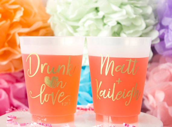 Gold Ink Wedding Cups 1026 Personalized Plastic Cups Personalized Wedding Cups Party Cups Drunk in Love Wedding Cups Wedding Cups