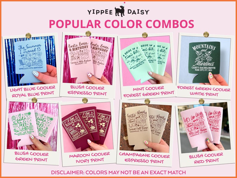 May include: A collection of eight foam can coolers in various colors including light blue, blush, mint, forest green, maroon, and champagne. Each cooler features custom graphic prints in contrasting ink colors, displaying text and illustrations.