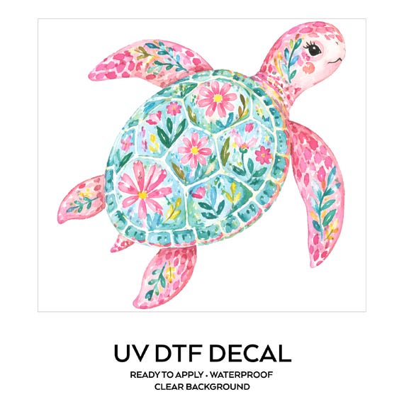Pink Floral Sea Turtle Decal Watercolor Coastal Sticker UV DTF Glass Decal Laptop Sticker Ocean Lover Gift