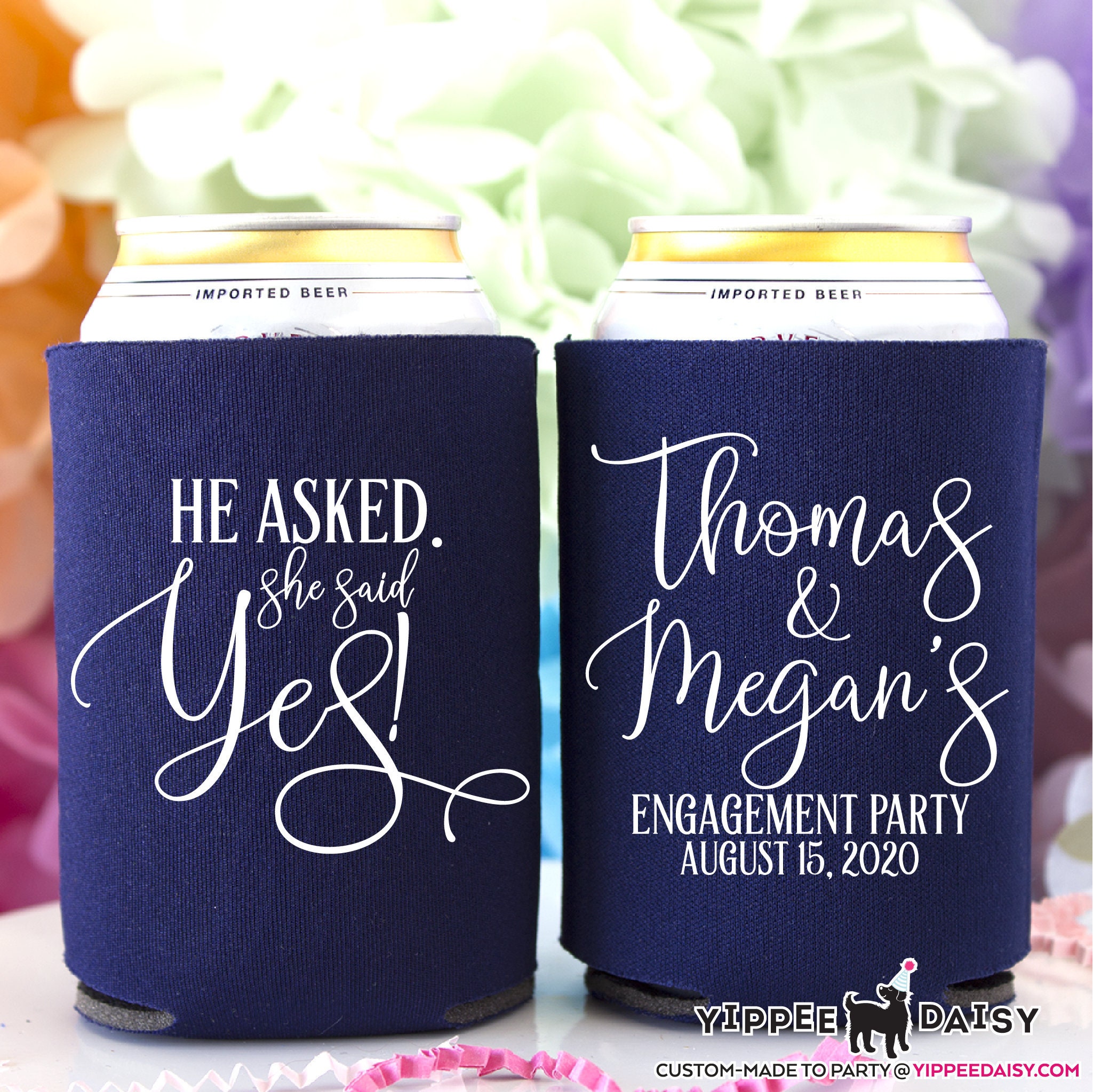 He Asked, She Said Yes, Engagement Party Can Cooler, Wedding Can Cooler, Engagement Favor, Personalized Can Cooler, Beverage Holder
