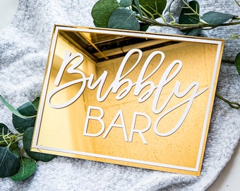 Gold Acrylic Wedding Sign Gold Mirrored Bubbly Bar Sign Mimosa Champagne Bridal Shower Bar Cart Reception Decor Birthday Retirement