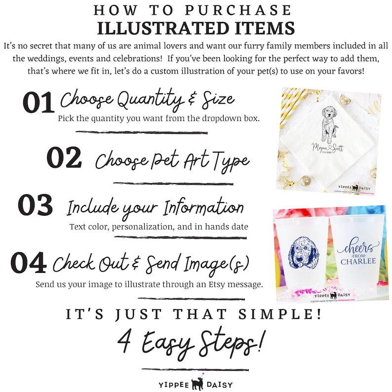 May include: An informational graphic with the text "HOW TO PURCHASE ILLUSTRATED ITEMS" and instructions for ordering custom pet illustrations. Includes examples of personalized napkins and cups with pet portraits and text. The process is broken down into 4 easy steps.