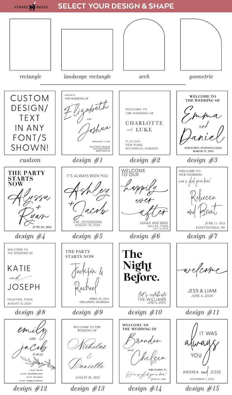 design chart showing shapes and actual designs to choose from when ordering