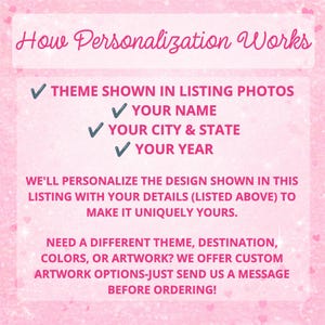 May include: A light pink informational graphic with white text that reads: How Personalization Works. It lists requirements including your name, city, state, and year, and explains that the design will be customized with these specific details.