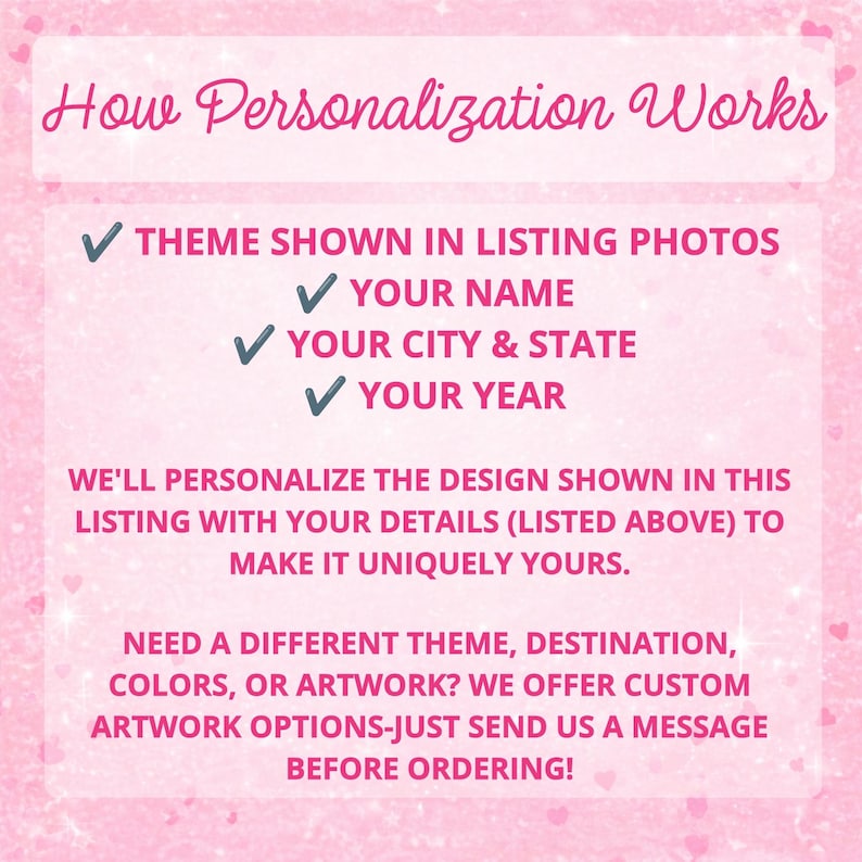 May include: A light pink informational graphic with white text that reads: How Personalization Works. It lists requirements including your name, city, state, and year, and explains that the design will be customized with these specific details.