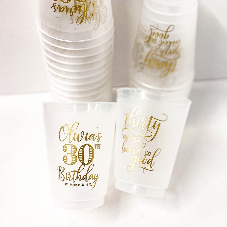 30th Birthday Shatterproof Cups Custom Frosted Cups Personalized Favor Ideas Dallas Gold Plastic 16 oz 9 oz image 1