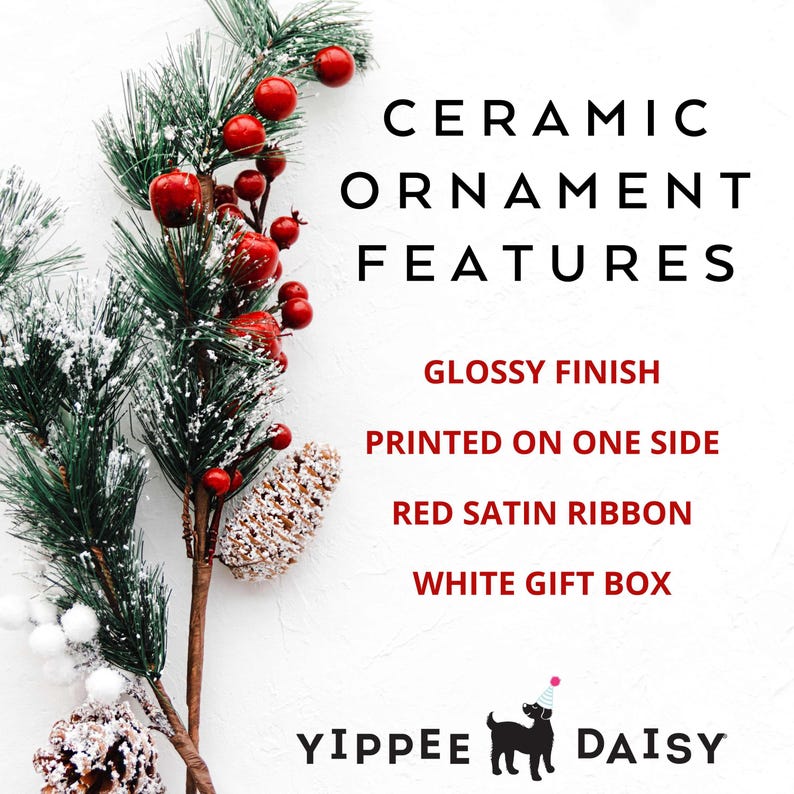 K&ouml;nnte beinhalten: Keramik-Weihnachtsbaumschmuck mit gl&auml;nzender Oberfl&auml;che. Der Schmuck ist einseitig bedruckt und hat ein rotes Satinband. Er wird in einer wei&szlig;en Geschenkbox geliefert. Der Schmuck ist mit einem festlichen gr&uuml;nen Tannenzweig mit roten Beeren und einer Tannenzapfen verziert.