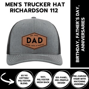 May include: A gray and black trucker hat with a brown leather patch that says "DAD -EST. 2022- JAMES, JACK, & HANNAH". The hat is made of 60/40 cotton/polyester blend with a 100% polyester mesh back. It has a six-panel, mid-profile design and a pre-curved visor with a matching underbill.