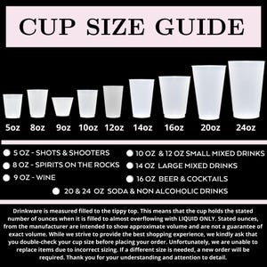 May include: A cup size guide with nine different cup sizes, ranging from 5oz to 24oz. The guide lists suggested uses for each size, such as shots, wine, and mixed drinks. The text also explains how drinkware volume is measured.