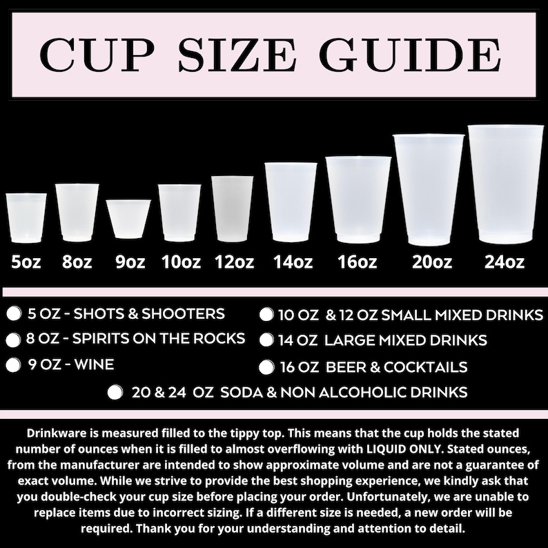 May include: A cup size guide with nine different cup sizes, ranging from 5oz to 24oz. The guide lists suggested uses for each size, such as shots, wine, and mixed drinks. The text also explains how drinkware volume is measured.