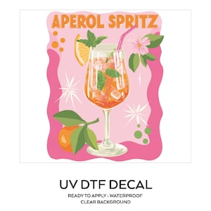 May include: Aperol Spritz drink illustration with a pink background. The image features a cocktail in a stemmed glass with ice, mint, and a straw. An orange slice, orange, and flowers are also included.