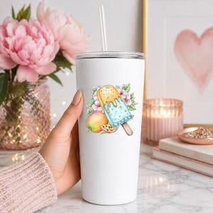 Pegatina UV DTF para paleta helada de mango, dulce tropical congelado, pegatina para taza, pegatina para vaso, pegatina para computadora portátil, regalo de playa imagen 10