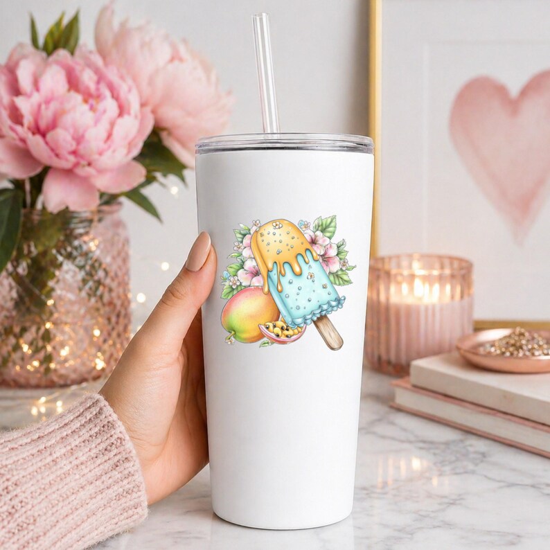 Pegatina UV DTF para paleta helada de mango, dulce tropical congelado, pegatina para taza, pegatina para vaso, pegatina para computadora portátil, regalo de playa imagen 10