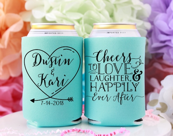 Floral Can Cooler, Cheers to Love, Laughter, Happily shops Ever After, Personalized Can Coolers, Wedding Favors, Beer Coolers - T359