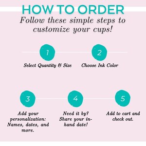 May include: A turquoise and white infographic with the text "HOW TO ORDER" and five steps to customize cups. The steps are: 1. Select Quantity & Size, 2. Choose Ink Color, 3. Add your personalization: Names, dates, and more, 4. Need it by? Share your in-hand date!, 5. Add to cart and check out.