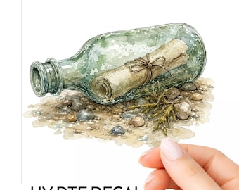 Message In A Bottle Watercolor Beach UV DTF Decal Transparent Waterproof Sticker For Tumbler Laptop Car Window Glass Mug Jar Choose Size