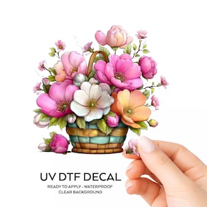 Floral Basket UV DTF Decal, Flower Bouquet Cup Decal, Spring Flower Tumbler Transfer, Pink Floral Sticker