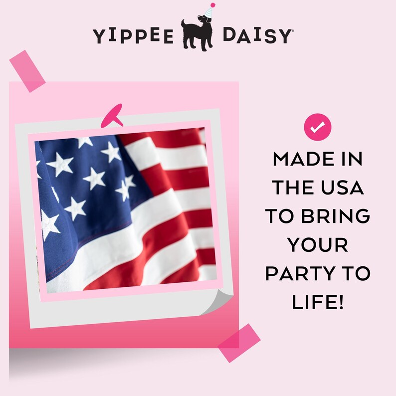 Puede incluir: Un marco de fotos rosa y blanco con una esquina doblada, que presenta un primer plano de una bandera estadounidense. El texto "MADE IN THE USA TO BRING YOUR PARTY TO LIFE!" est&aacute; escrito en negro sobre un fondo blanco.