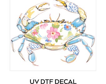 Floral Watercolor Crab Decal Coastal Sticker UV DTF Tumbler Car