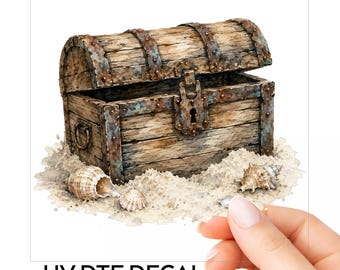 Treasure Chest On Sand Watercolor Pirate UV DTF Decal Waterproof Clear Sticker For Tumbler Laptop Car Window Glass Mug Jar Choose Size