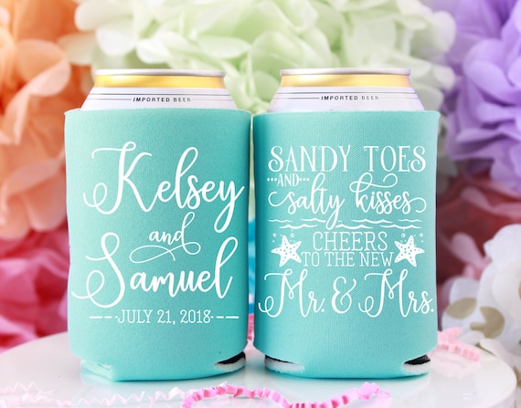 Sandy Toes Salty Kisses Beach Wedding Favors, Cheers New Mr & Mrs Personalized Can Cooler, Summer Wedding Favor, Starfish Wedding, Coast