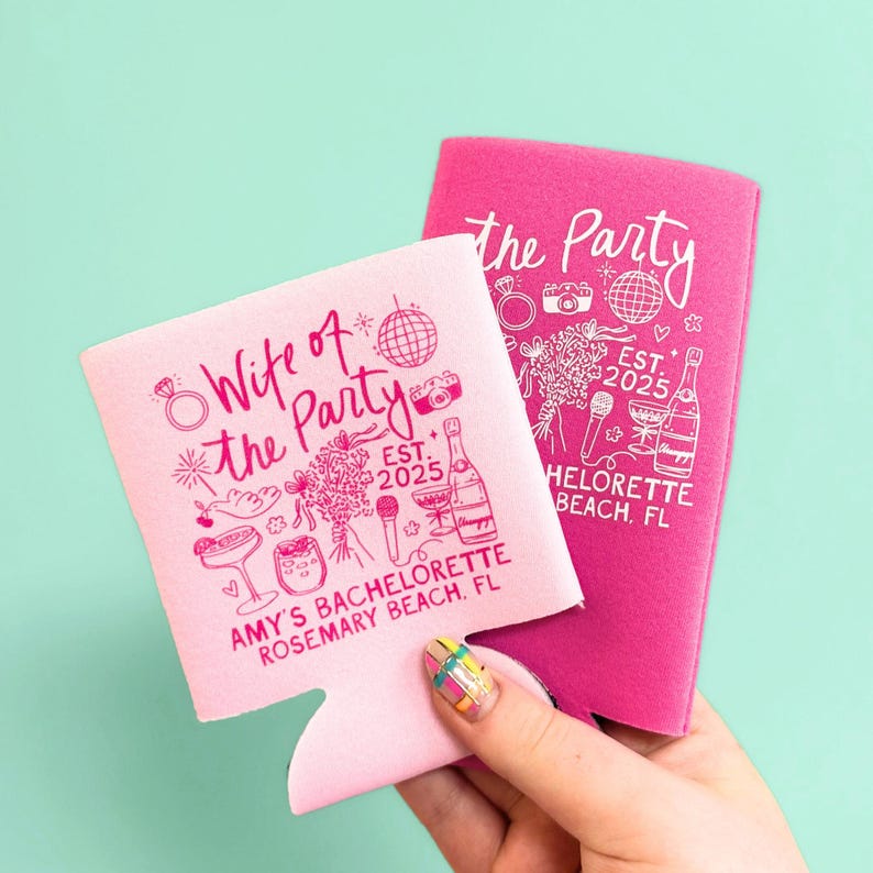 Wife of the Party Bachelorette Favors - Custom Can Coolers for Bridal Party - Bachelorette Decorations - Personalized Can Sleeve - Bach Gift