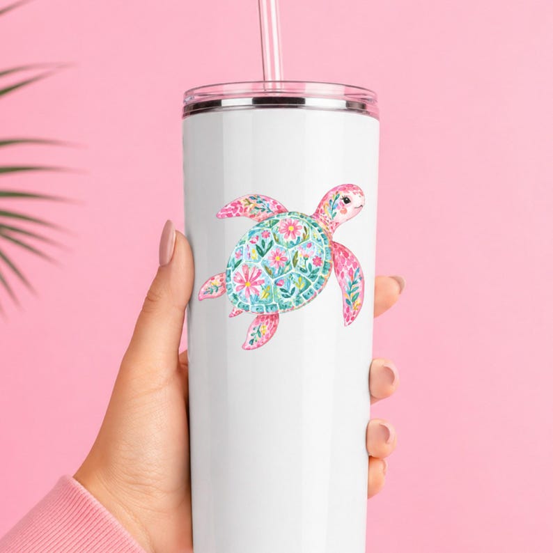 Pink Floral Sea Turtle Decal Watercolor Coastal Sticker UV DTF Glass Decal Laptop Sticker Ocean Lover Gift image 7