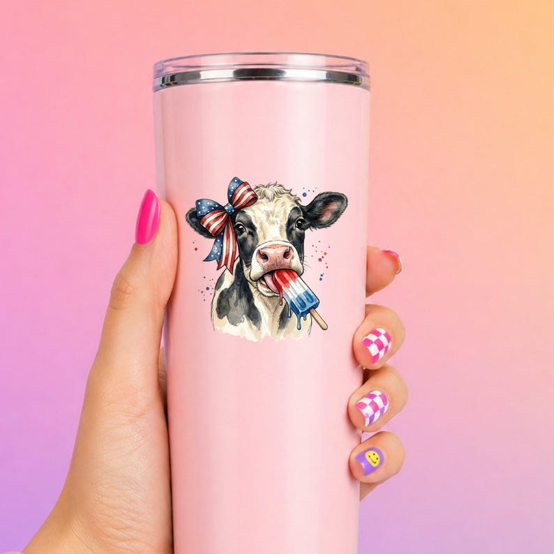 Funny Patriotic Cow Decal Ice Pop Frozen Treat Western Fourth Of July Tumbler Sticker Cup Decal Glass Decal UV DTF Clear Background image 6