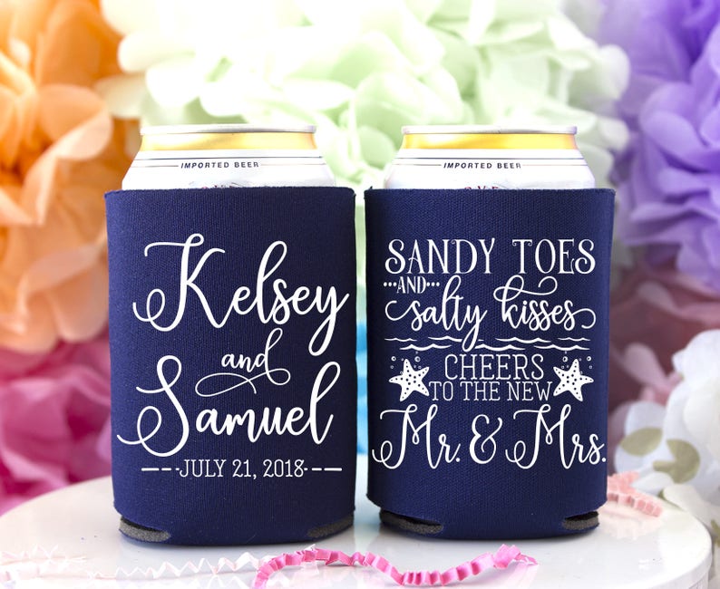 Sandy Toes Salty Kisses Beach Wedding Favors, Cheers New Mr & Mrs Personalized Can Cooler, Summer Wedding Favor, Starfish Wedding, Coast image 7