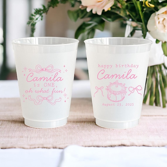 Bow First Birthday Cups, Coquette 1st Birthday, Personalized Cups, Oh What Fun, 1st Birthday Cups, Vintage Pink Bow, 1st Birthday Girl