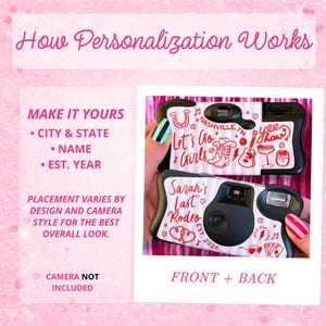 May include: Two black disposable cameras with custom designs. One camera says "Let's Go Girls" with Nashville-themed graphics. The other says "Sarah's Last Rodeo" with a heart and the year 2026. The image shows the front and back of the cameras.