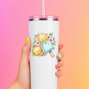 Pegatina UV DTF para paleta helada de mango, dulce tropical congelado, pegatina para taza, pegatina para vaso, pegatina para computadora portátil, regalo de playa imagen 6