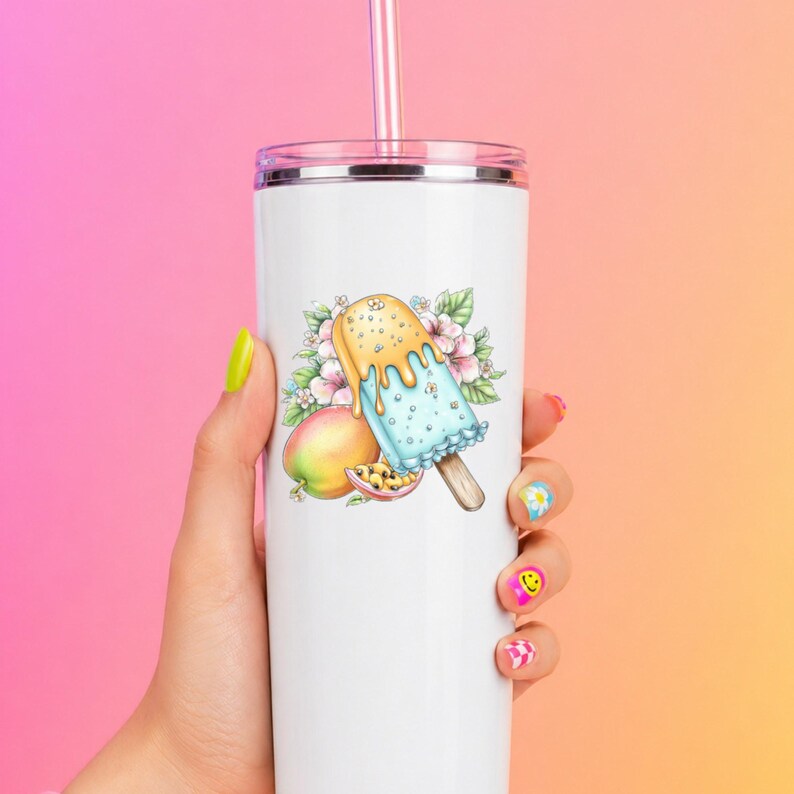 Pegatina UV DTF para paleta helada de mango, dulce tropical congelado, pegatina para taza, pegatina para vaso, pegatina para computadora portátil, regalo de playa imagen 6